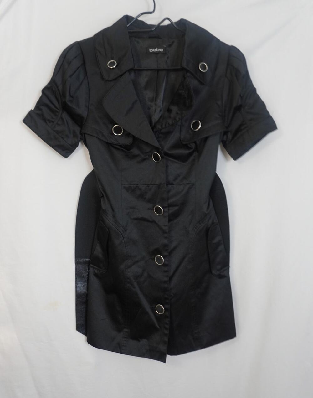Bebe Y2K Black Satin Belted Mini Dress Silver Hardware Small XS